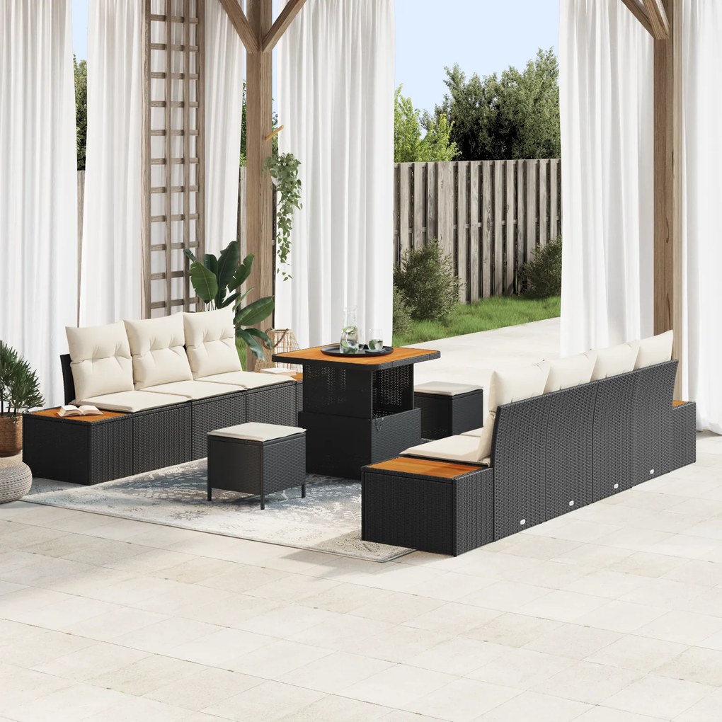 Conjunto de Sofá de Jardim com 10 Peças com Almofadas Preto Rattan Pol