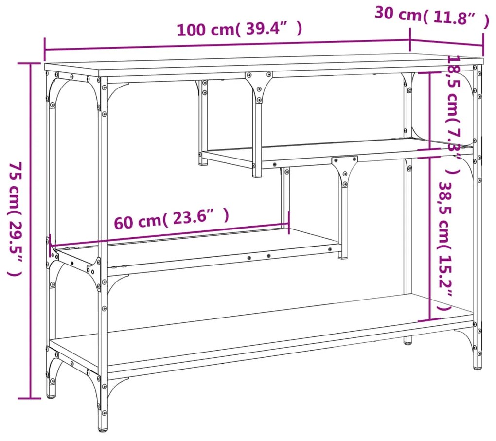 Mesa consola 100x30x75 cm derivados madeira carvalho castanho