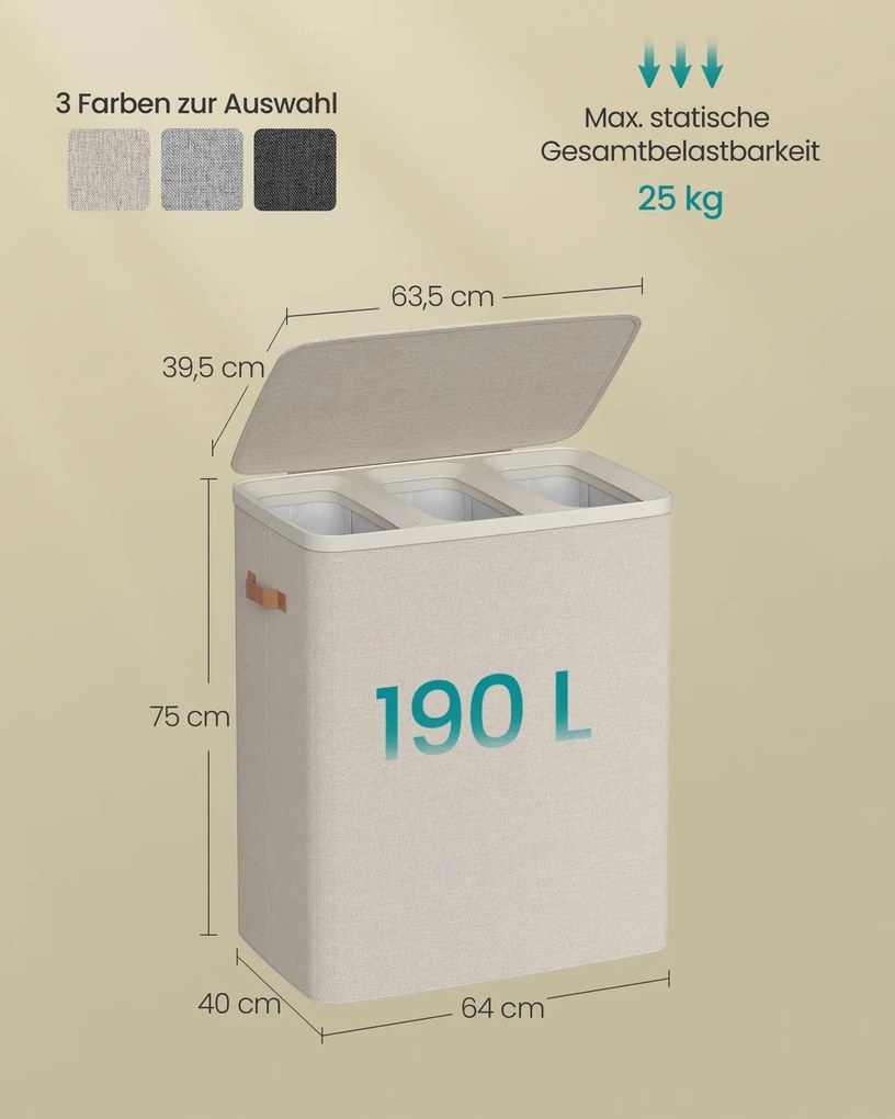 Cesto para roupa suja com 3 compartimentos, 190 l, 64 x 40 x 75 cm bege cappuccino