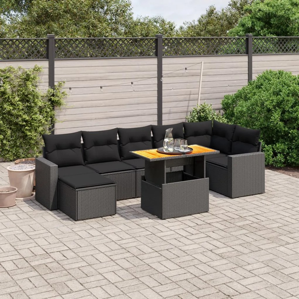 8 pcs conjunto sofás de jardim com almofadões vime PE preto