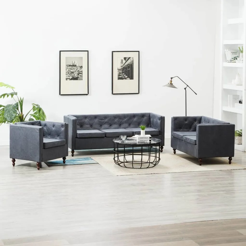 vidaXL Sofás chesterfield 3 pcs estofamento em tecido cinzento