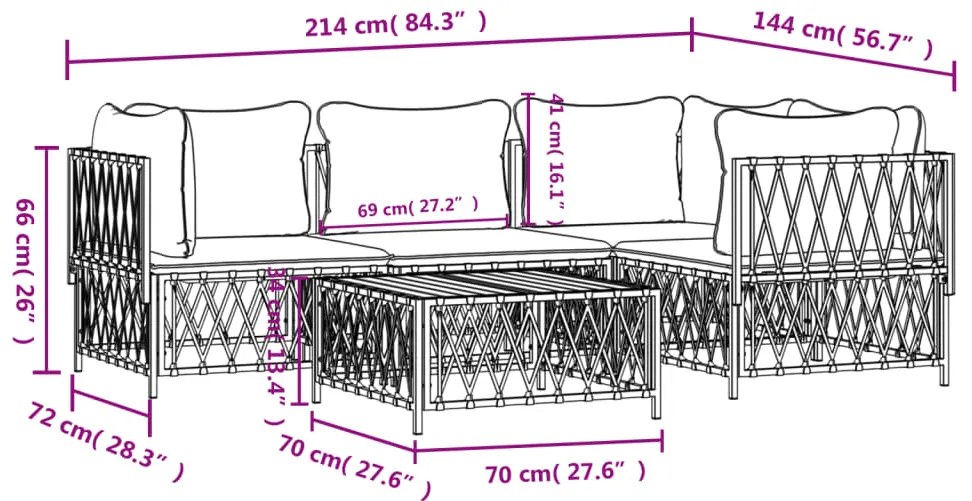 5 pcs conjunto lounge de jardim com almofadões aço branco