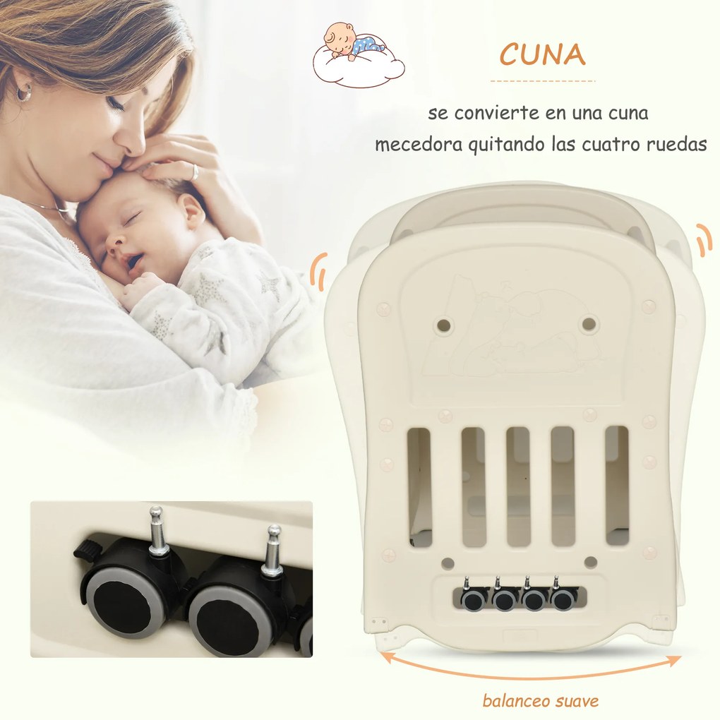 HOMCOM Berço para bebê 0-3 anos, berço ajustável em 2 alturas 2 a 25 kg conversível em cadeira de balanço com 4 rodas e freios 107x70x100 cm bege