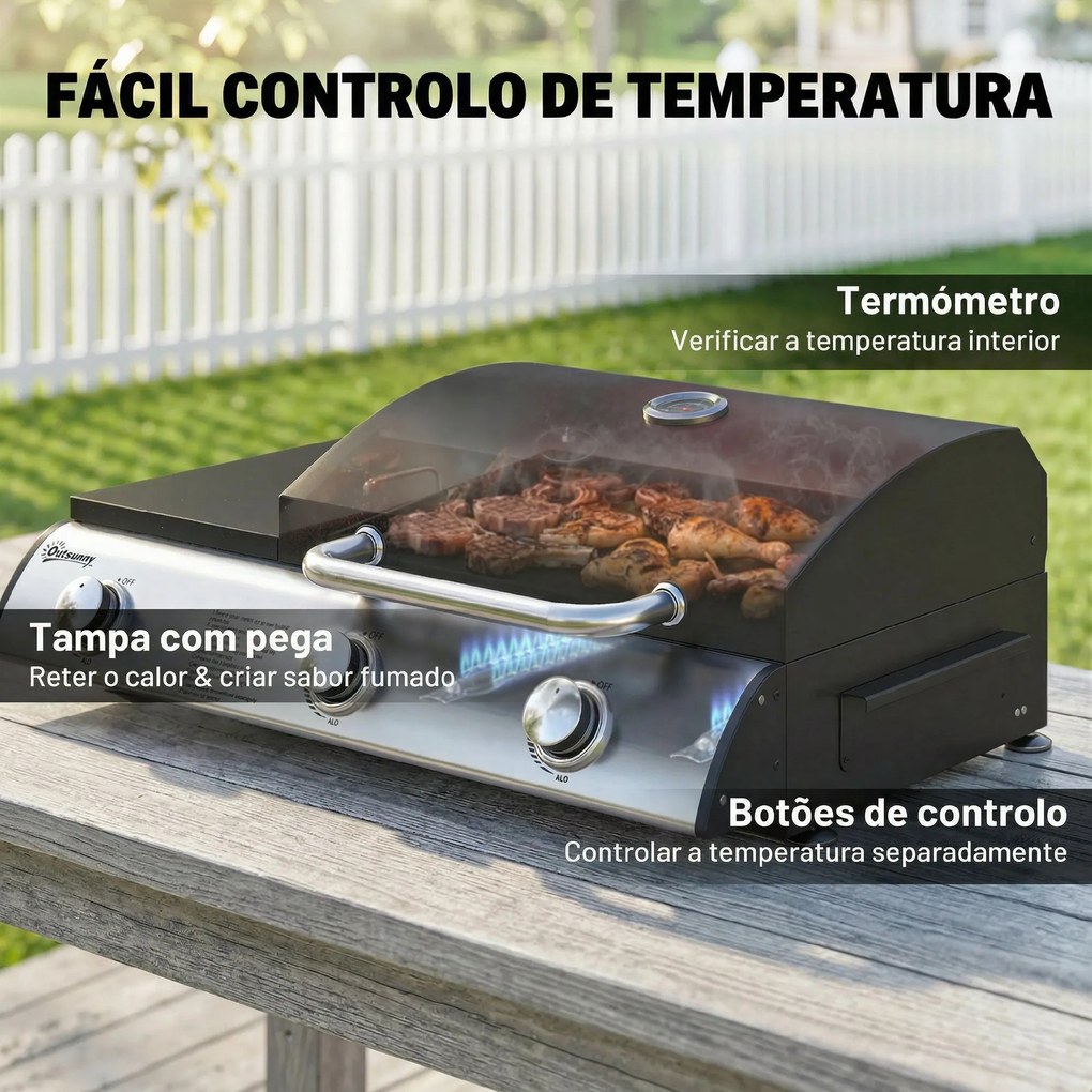 Grelhador a Gás Dobrável com Queimador 2,5 kW Tampa Termómetro Mesa Lateral e 2 Rodas Grelha Coletor de Gordura Preto