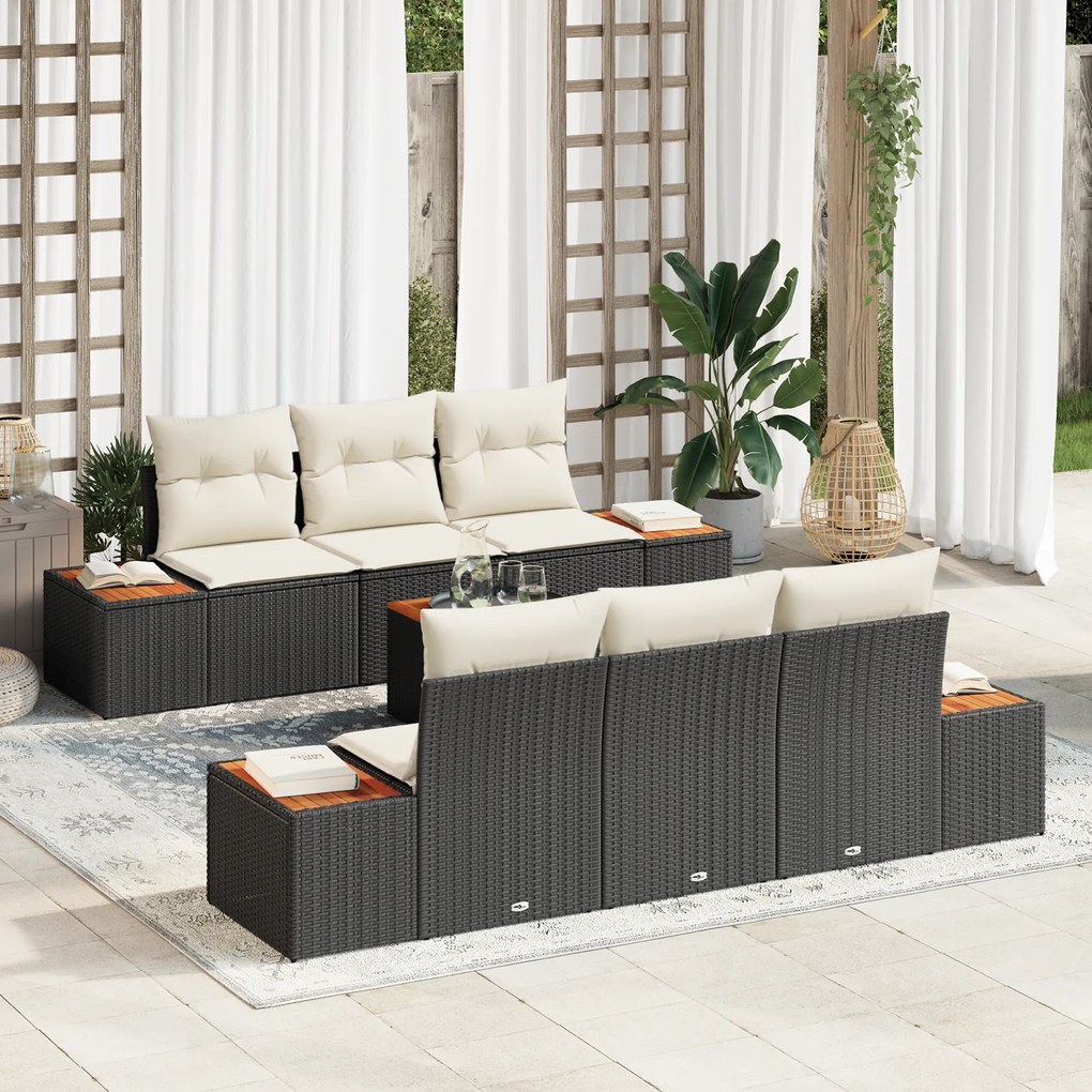 vidaXL Conjunto de Sofá de Jardim de 7 Peças com Almofadas Preto Rattan Acácia