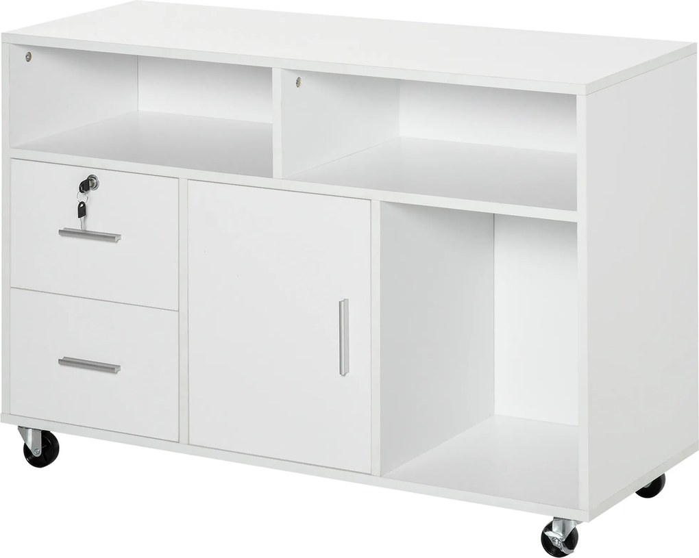 Suporte para impressora com 2 gavetas 100 x 35 x 65 cm, móvel de arrumação com rodas, prateleiras abertas e armário, branco