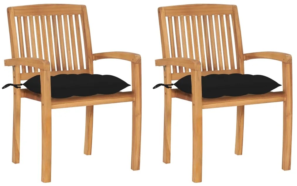 vidaXL Cadeiras de jardim c/ almofadões pretos 2 pcs teca maciça