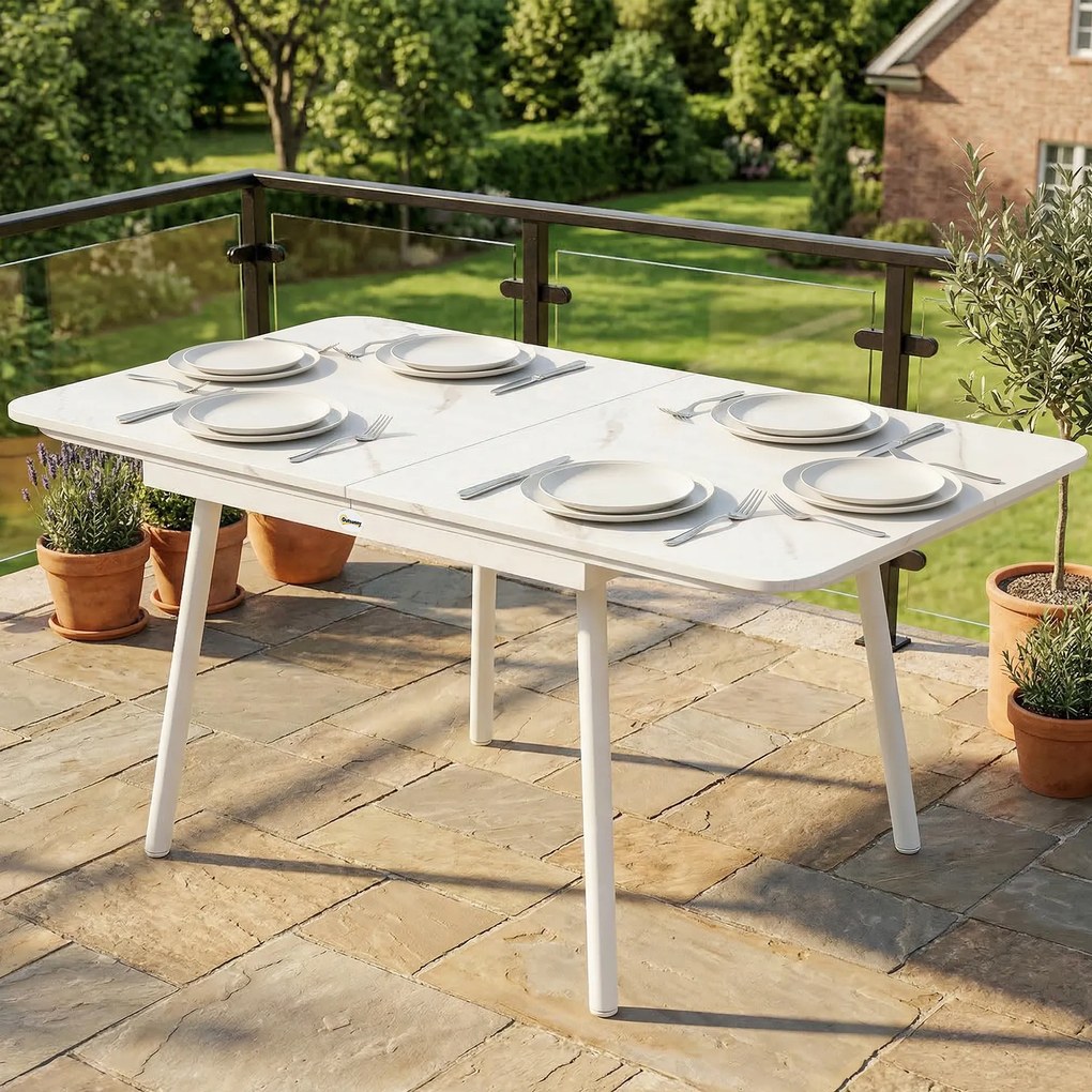 Mesa de jardim retangular para 4-6 pessoas  140 x 80 x 75 cm, tampo em WPC e estrutura em metal, pés ajustáveis, branca
