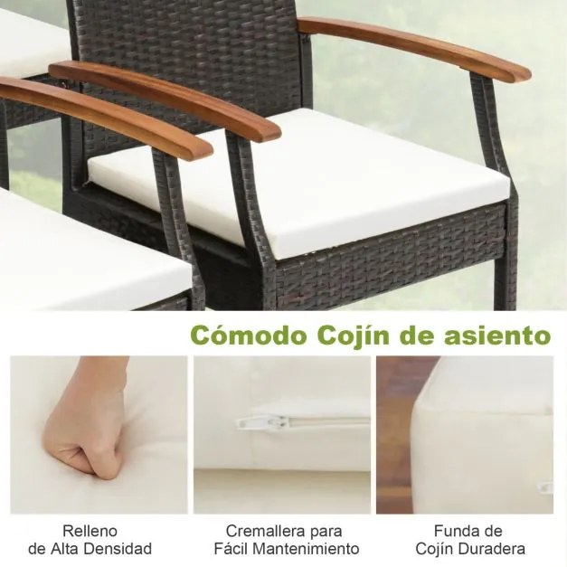 Conjunto de 2 cadeiras de jardim de vime com braços Almofada para exterior de rattan Estrutura metálica Poltronas Pátio Varanda Terraço Castanho misto