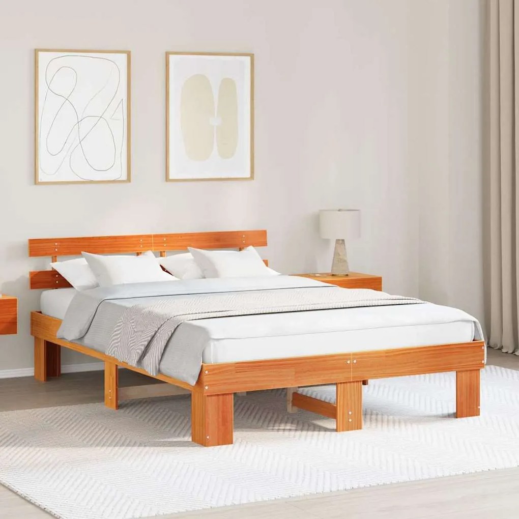 vidaXL Estrado de Cama com Cabeceira Castanho Encerado 150x200 cm Madeira Sólida de Pinho