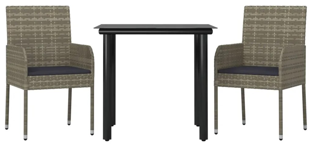 3 pcs conj. jantar p/ jardim c/ almofadões vime PE preto/cinza