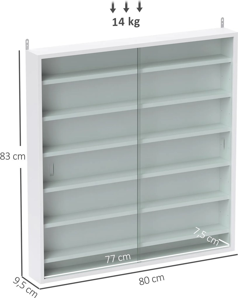 Vitrina de Parede em Madeira com Prateleiras Ajustáveis e 2 Portas Deslizantes de Vidro 80x9,5x83 cm Branco