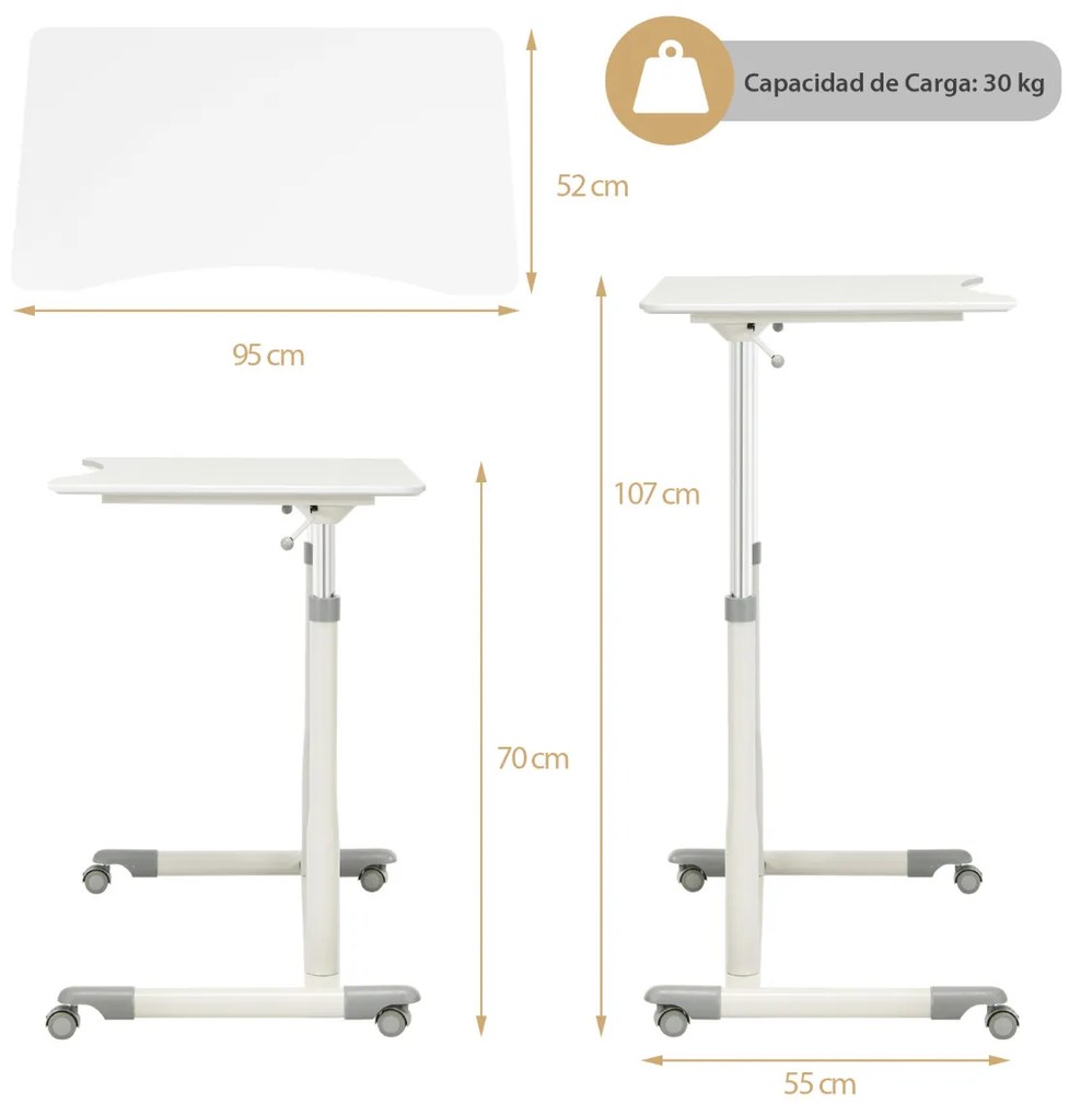 Mesa de computador em pé/sentado com altura ajustável com 4 rodas para sala de mesa doméstica 95 x 52 x 70-107 cm Branco