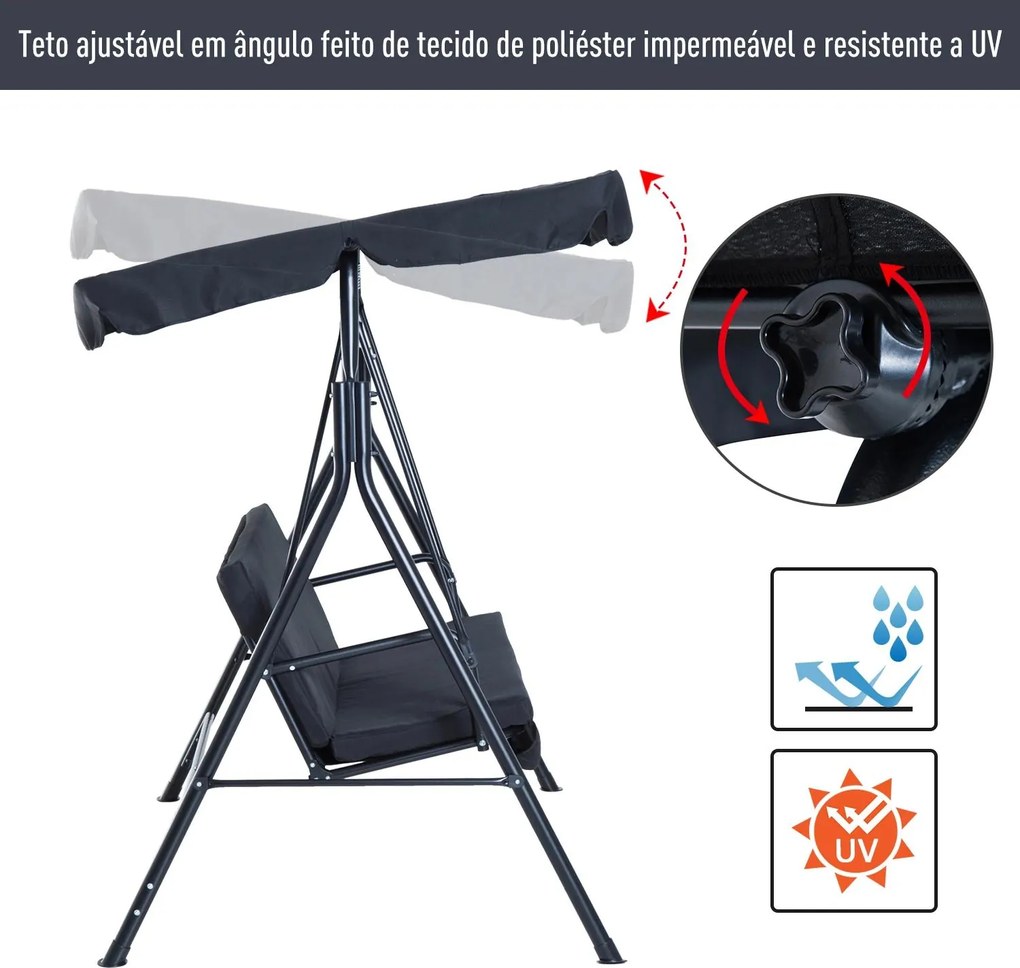 Baloiço de Jardim de Metal 3 lugares com Toldo Ajustável e Almofada  172x110x153 cm Preto