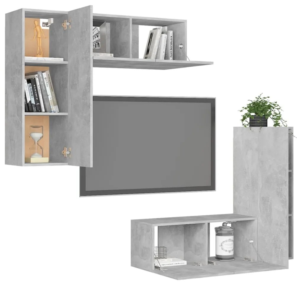4 pcs conjunto de móveis de TV derivados madeira cinza cimento