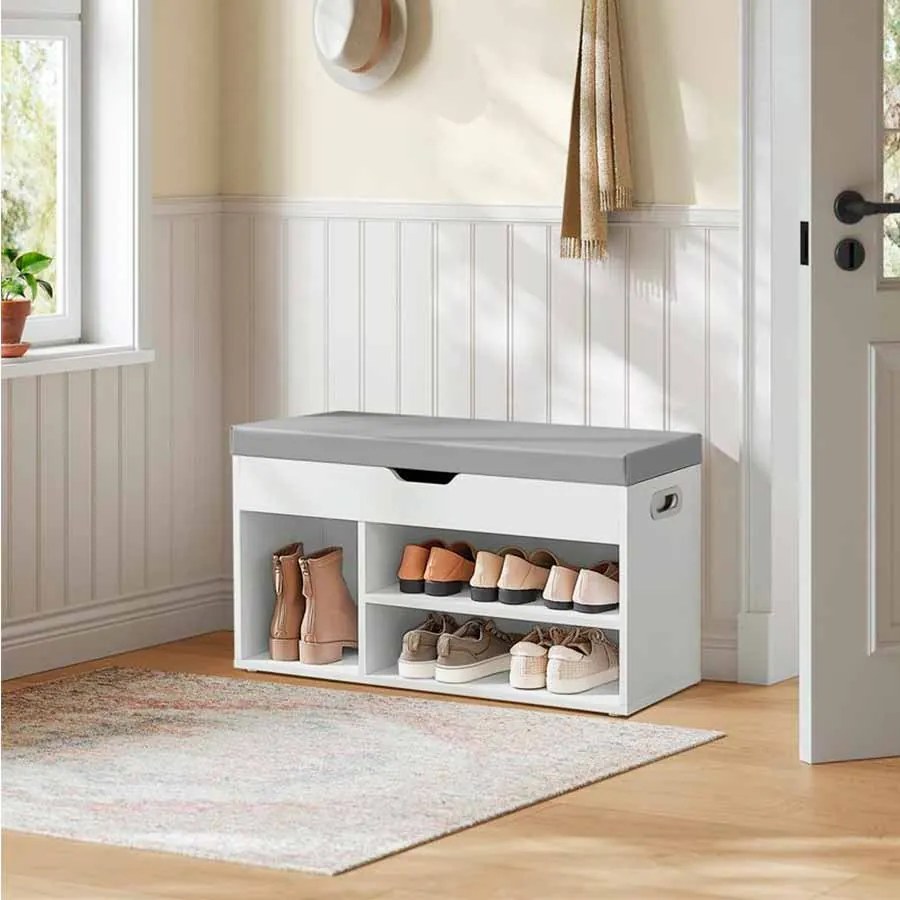 Banco sapateira com 3 compartimentos abertos 30 x 80 x 44 cm branco