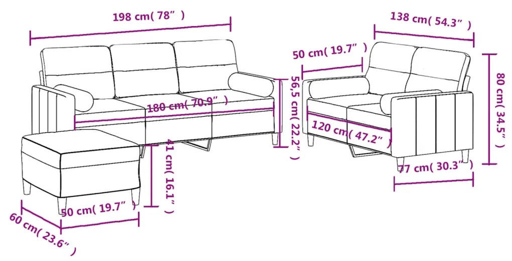 3 pcs conjunto de sofás com almofadas tecido cinzento-claro