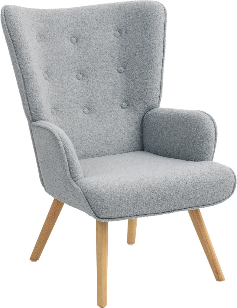 Poltrona de sala em tecido bouclé, poltrona estofada com pés de madeira, 71 x 74 x 96 cm, cinzento claro