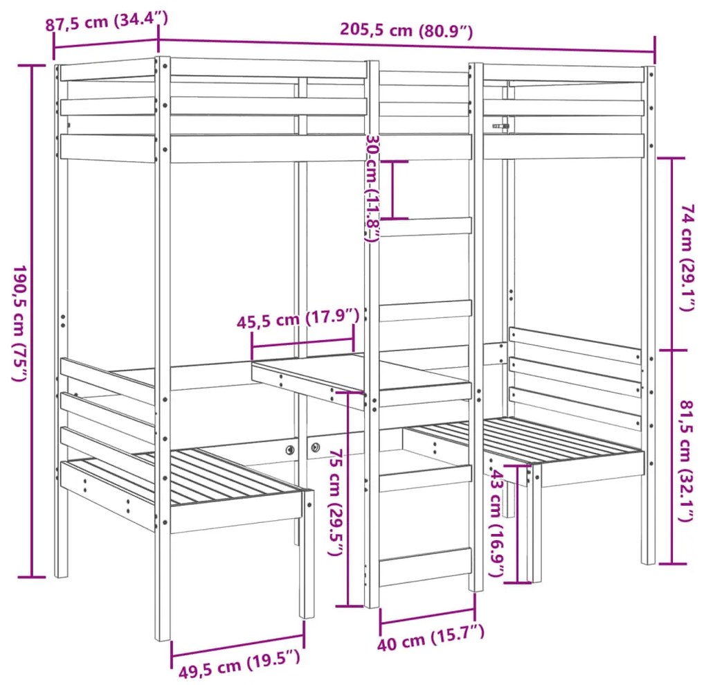Cama alta c/ secretária/cadeiras 80x200 cm pinho maciço branco