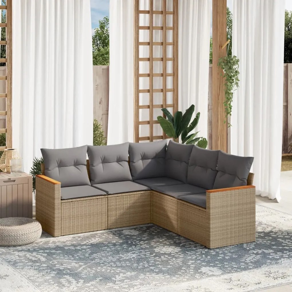 vidaXL 5 pcs conjunto de sofás p/ jardim com almofadões vime PE bege