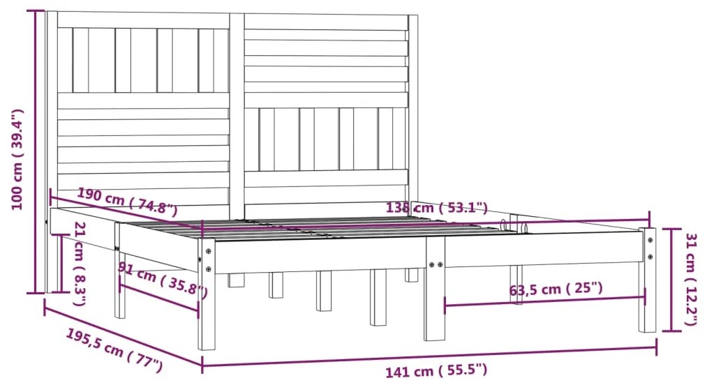 Estrutura de cama de casal 135x190 cm pinho maciço cinzento