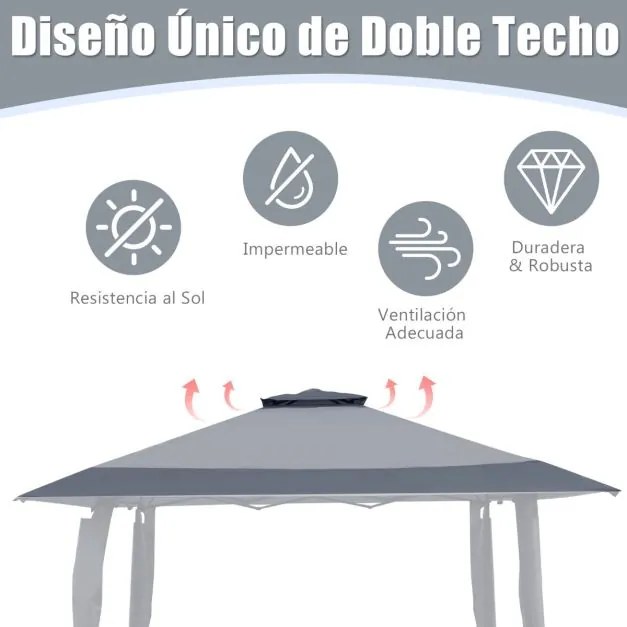 Pergula de 3 x 3 m  com teto de 2 níveis Tecido Oxford 3 alturas ajustáveis para jardim, praia, parque  cinzento
