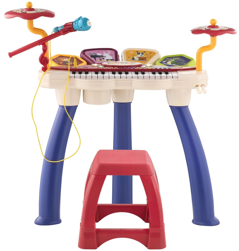 AIYAPLAY Piano Eletrónico Infantil 32 Teclas com Microfone Banco Luzes 19 Músicas Bateria Incluída 74x32,2x71 cm Multicor