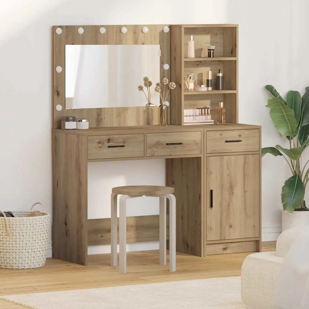 Conjunto de Mesa de Maquiagem de 2 Peças com LED em Carvalho Artisan de Madeira Trabalhada