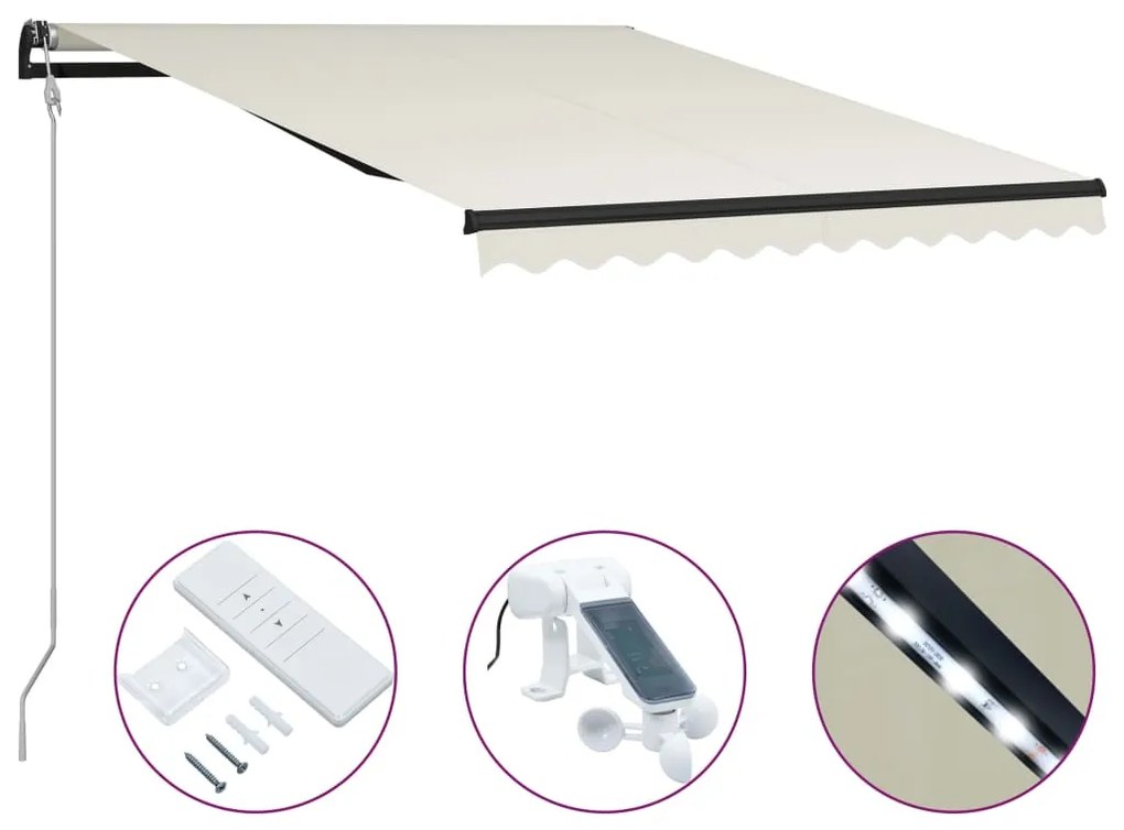 vidaXL Toldo retrátil com sensor de vento e LED 300x250 cm cor creme