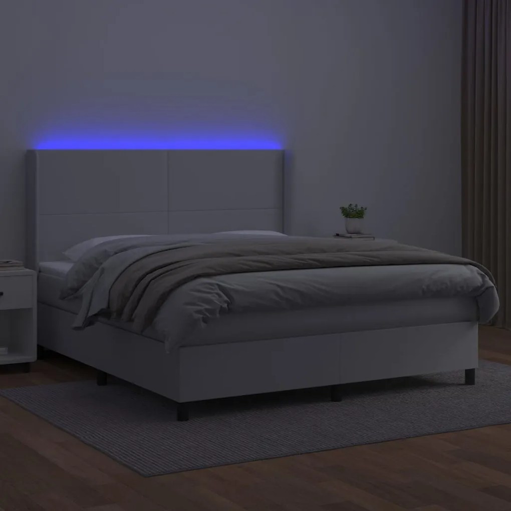 Cama box spring c/colchão/LED 180x200cm couro artificial branco