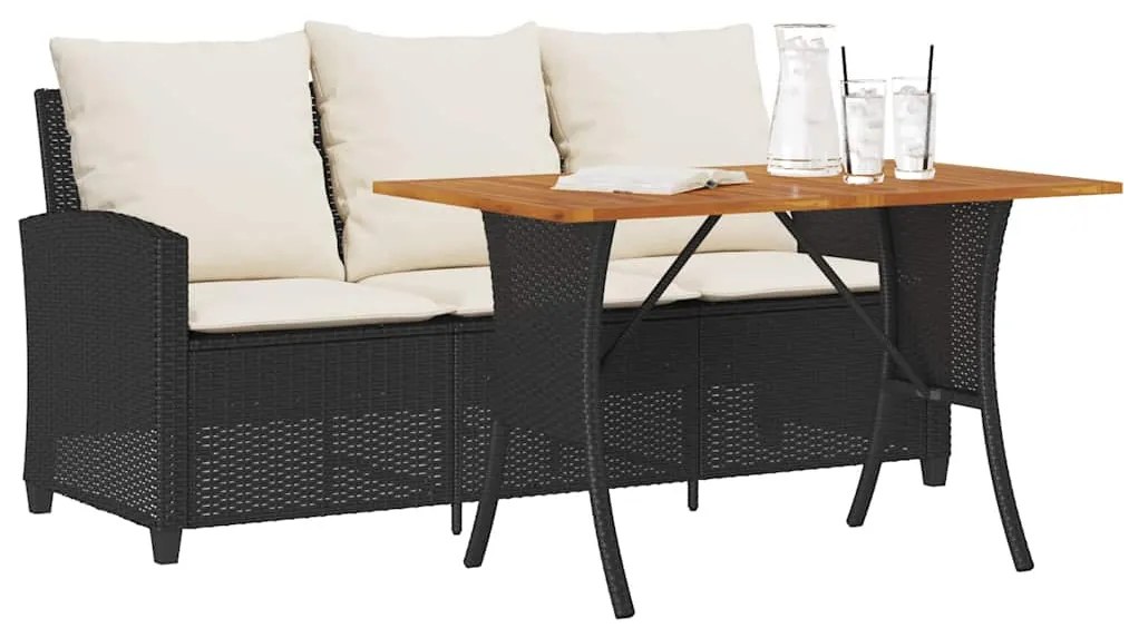 Sofá de jardim 3 lugares com almofadões vime PE preto