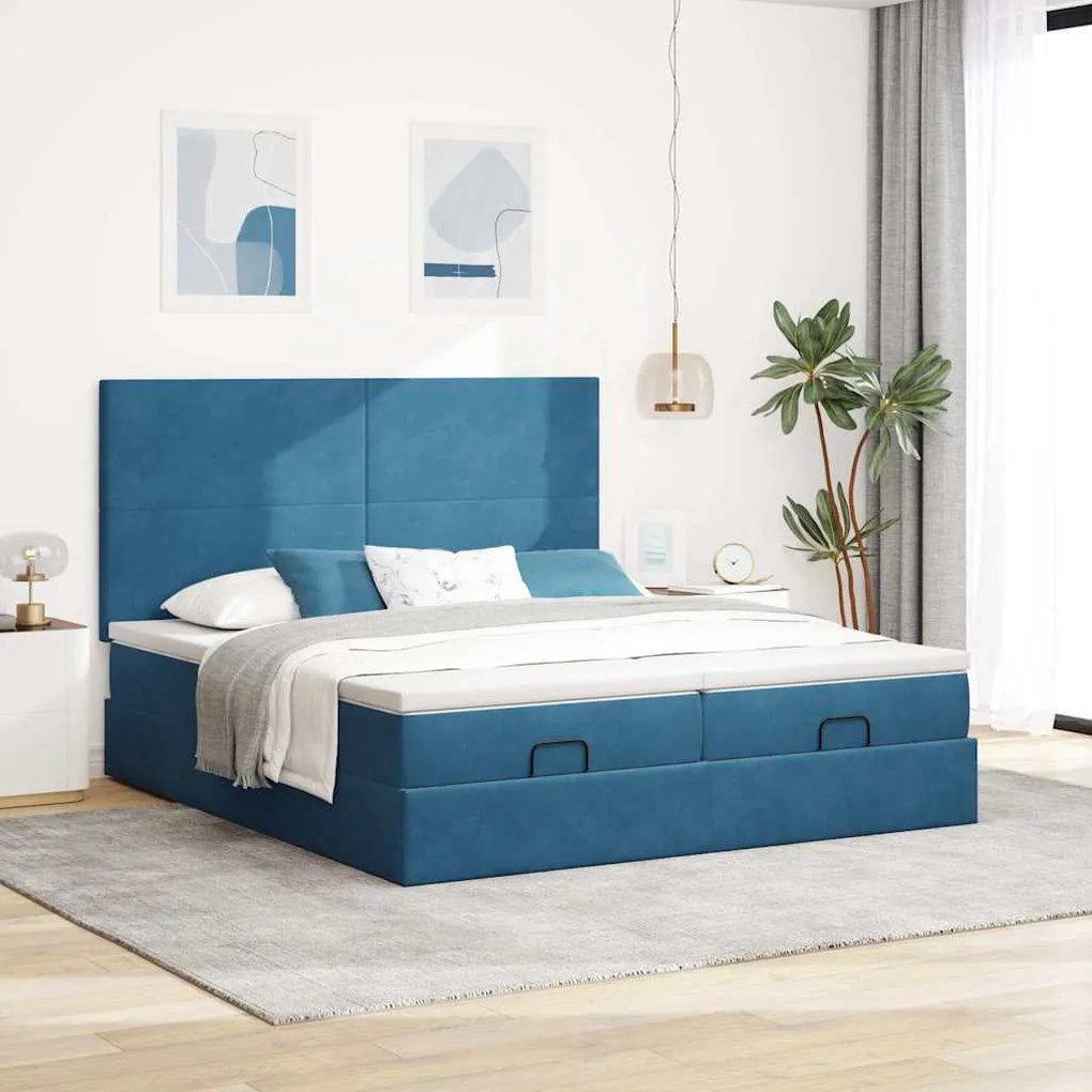 Cama otomana com colchões/LEDs 200x200 cm veludo azul-escuro