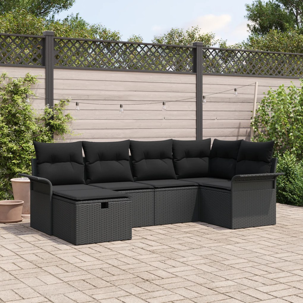 Conjunto de Sofás de Jardim de 6 Peças com Almofadas Preto Rattan PE