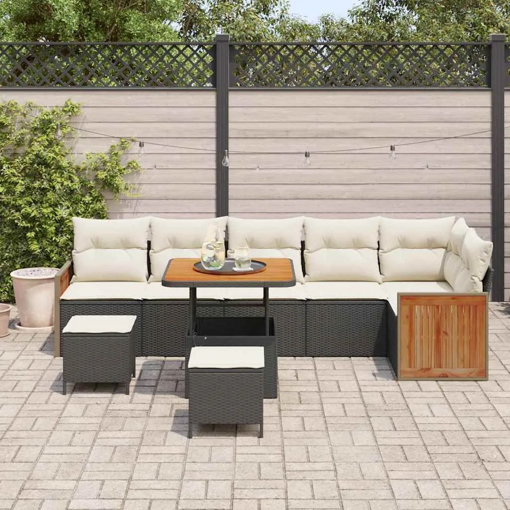 Conjunto de Sofá de Jardim de 9 Peças com Almofadas Preto Rattan Polie