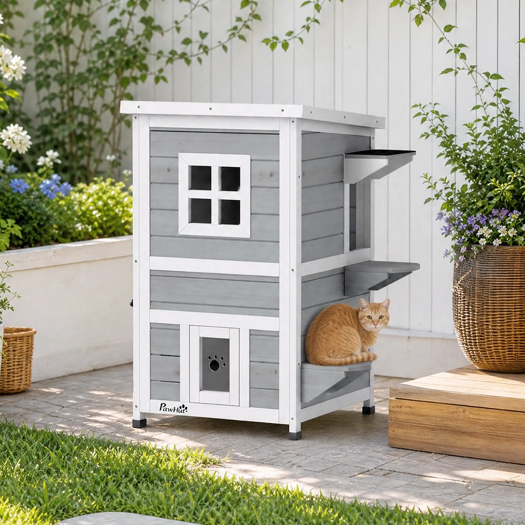 Casota Exterior para Gatos em Madeira de 2 Níveis com Telhado Basculante, Plataformas de Salto e Portas, 51x51x81,3 cm, Cinzento