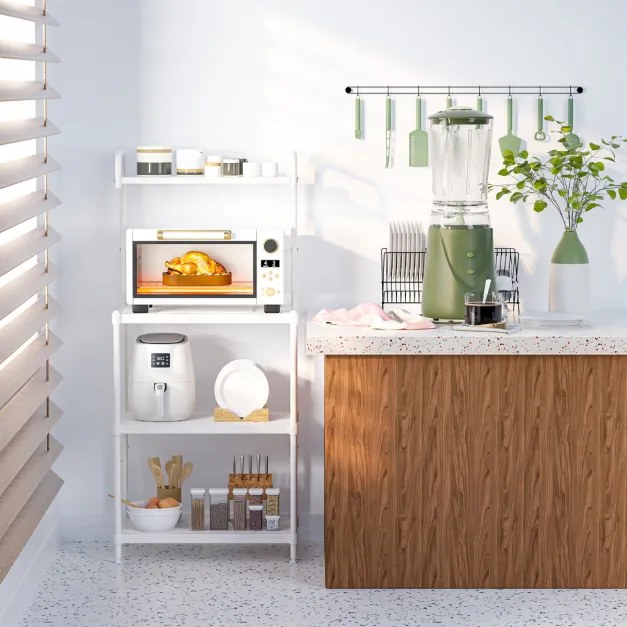 Armário de cozinha de 4 níveis, estrutura metálica, suporte para micro-ondas, prateleira independente 60 x 34 x 136 cm branco