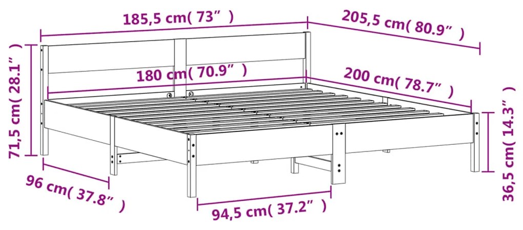 Estrutura de cama com cabeceira 180x200 cm pinho maciço