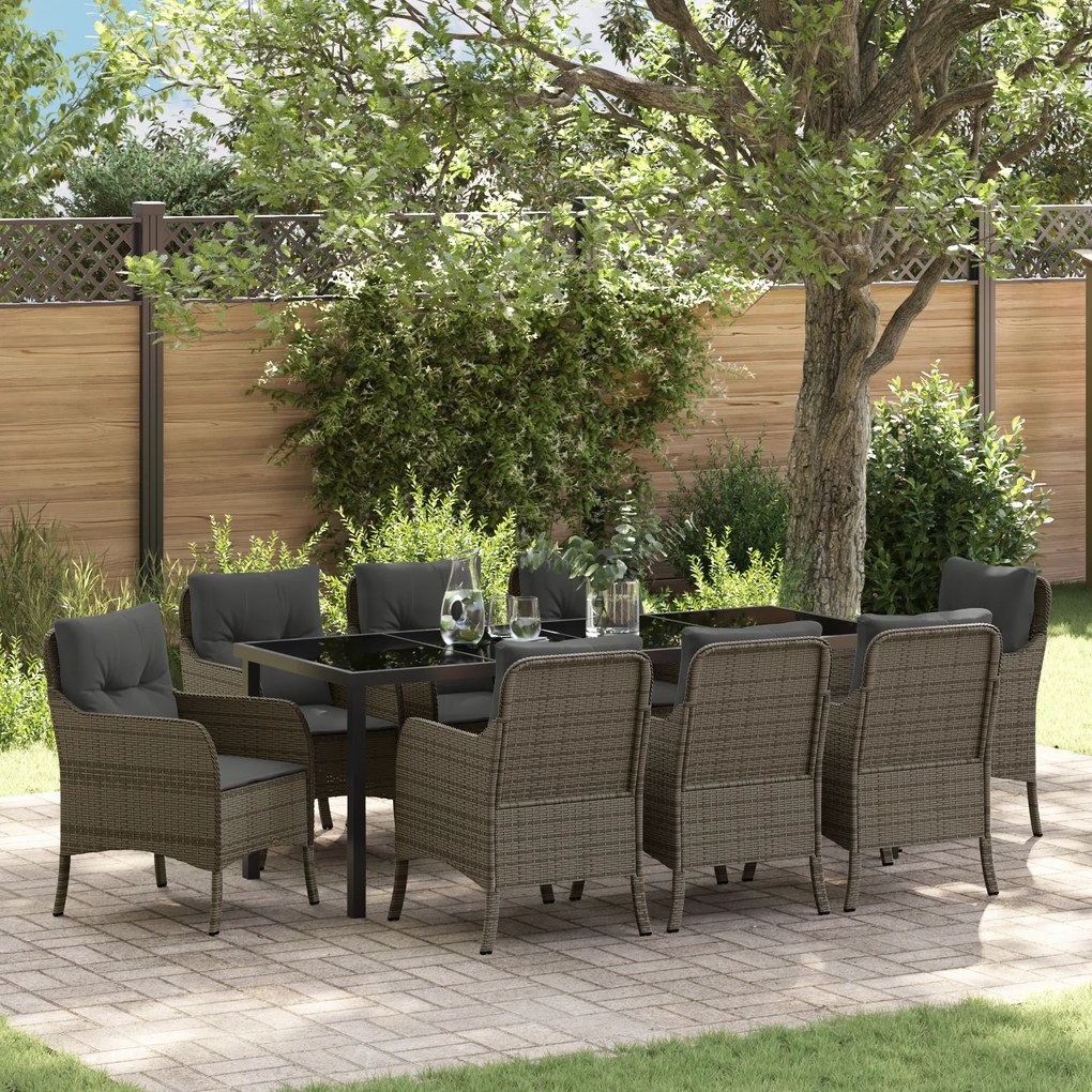 vidaXL Conjunto de Jantar de Jardim de 9 Peças com Almofadas Cinza Vime Sintético