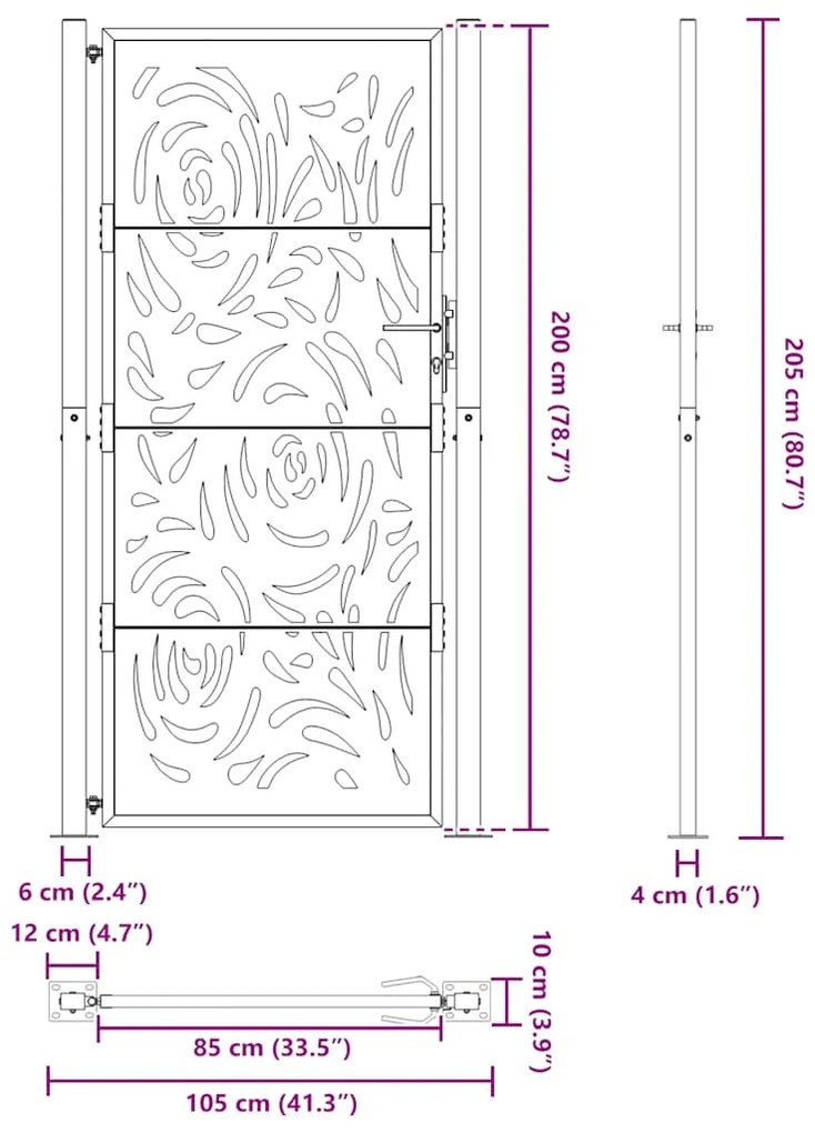 Portão de jardim 105x205 cm design de chama de aço resistente