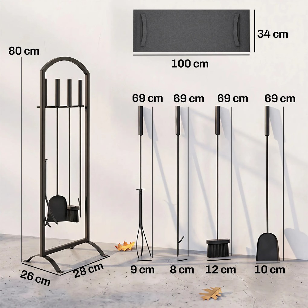 Conjunto de 6 Ferramentas para Lareira, 30 x 22 x 86 cm, Preto
