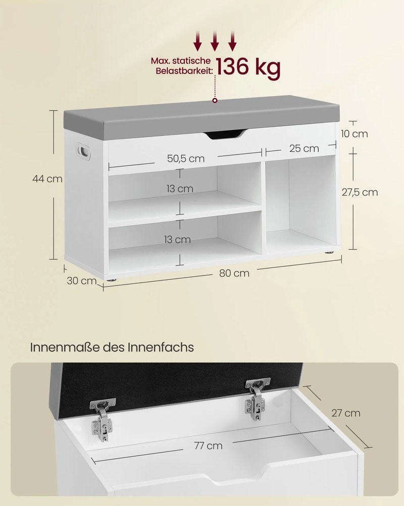 Banco sapateira com espaço de arrumação, estofado, com 3 compartimentos abertos 30 x 80 x 44 cm Branco