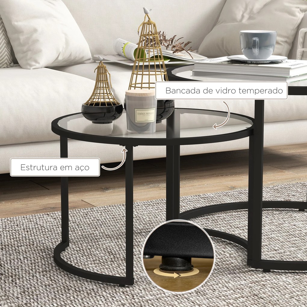 Conjunto de 2 Mesas de Apoio Redondas Bancada de Vidro Temperado e Estrutura de Aço Grande 70 cm Pequena 54 cm Preto e Transparente