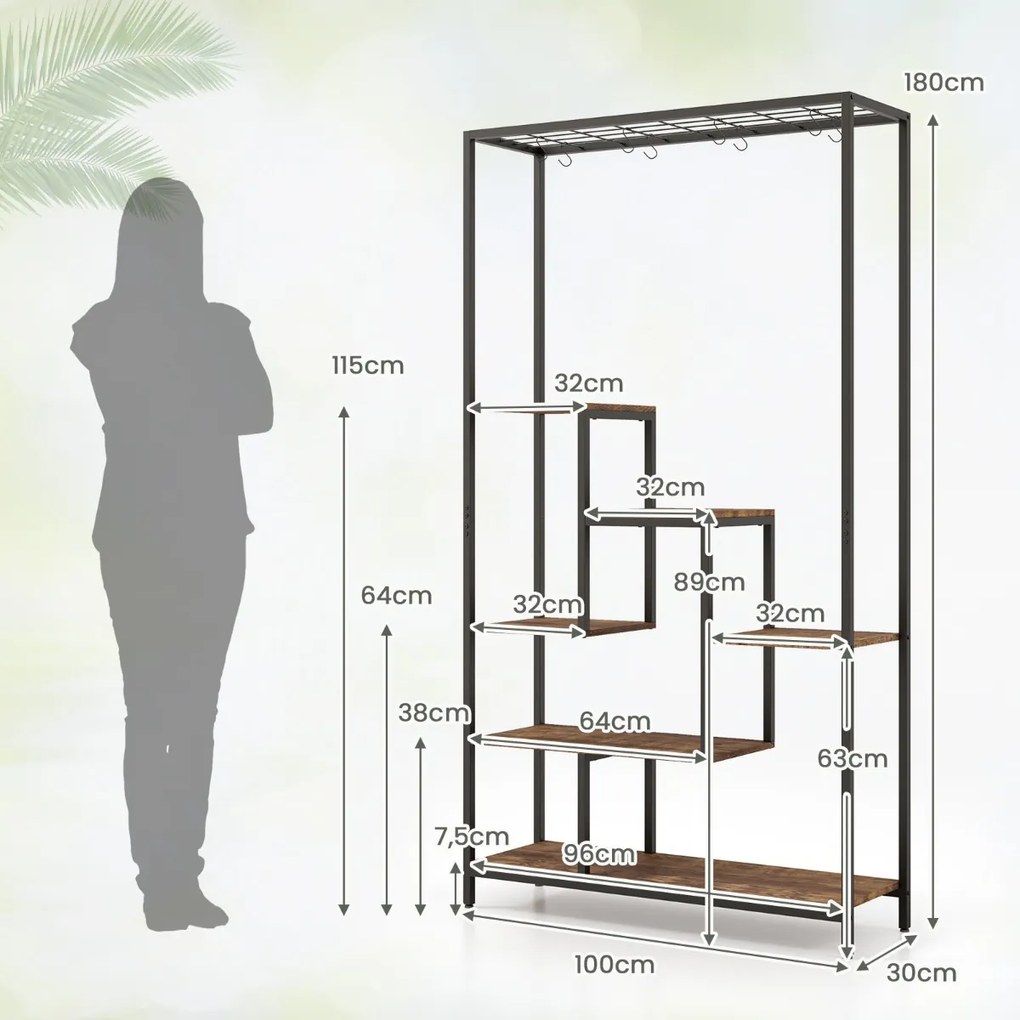 Suporte para plantas alto de 6 níveis Suporte para plantas de 6 níveis Estante de 180 cm com 10 ganchos para pendurar e prateleira de arame para varan