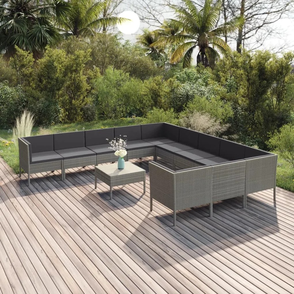 vidaXL 12 pcs conjunto lounge de jardim c/ almofadões vime PE cinzento