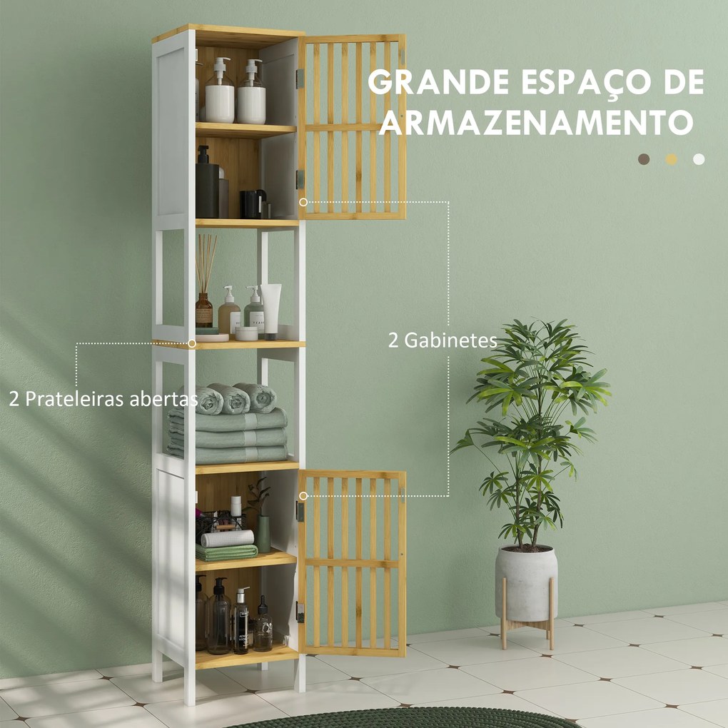 Coluna alta de Casa de Banho com 2 Estantes Abertos 2 Armários com Portas de Ripas e Prateleiras Ajustáveis 32x30x172 cm Branco