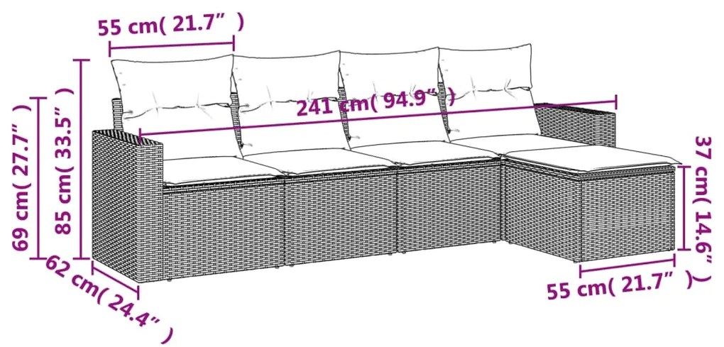 5 pcs conj. sofás jardim c/ almofadões vime PE cinzento-claro