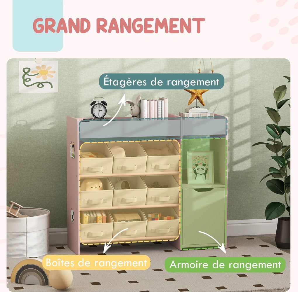 Móvel de arrumação infantil 92 x 30 x 80 cm estante para brinquedos com 9 gavetas em tecido e armário, cor-de-rosa