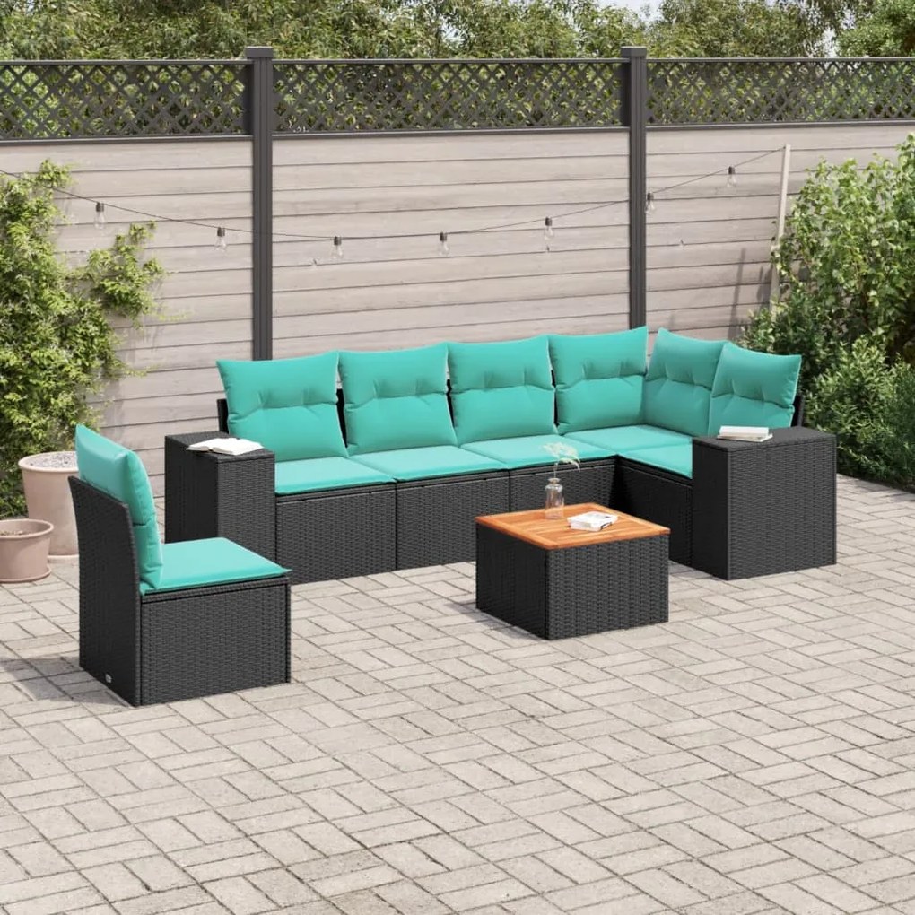 vidaXL 7 pcs conjunto de sofás p/ jardim c/ almofadões vime PE preto