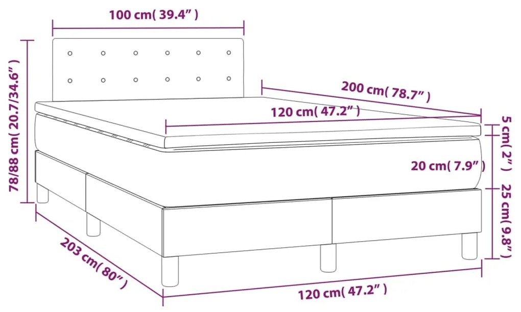 Cama box spring c/ colchão/LED 120x200cm tecido castanho-escuro