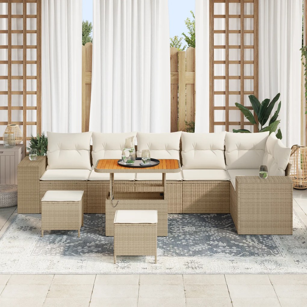 Conjunto de Sofás de Jardim de 9 Peças com Almofadas em Rattan Poliést